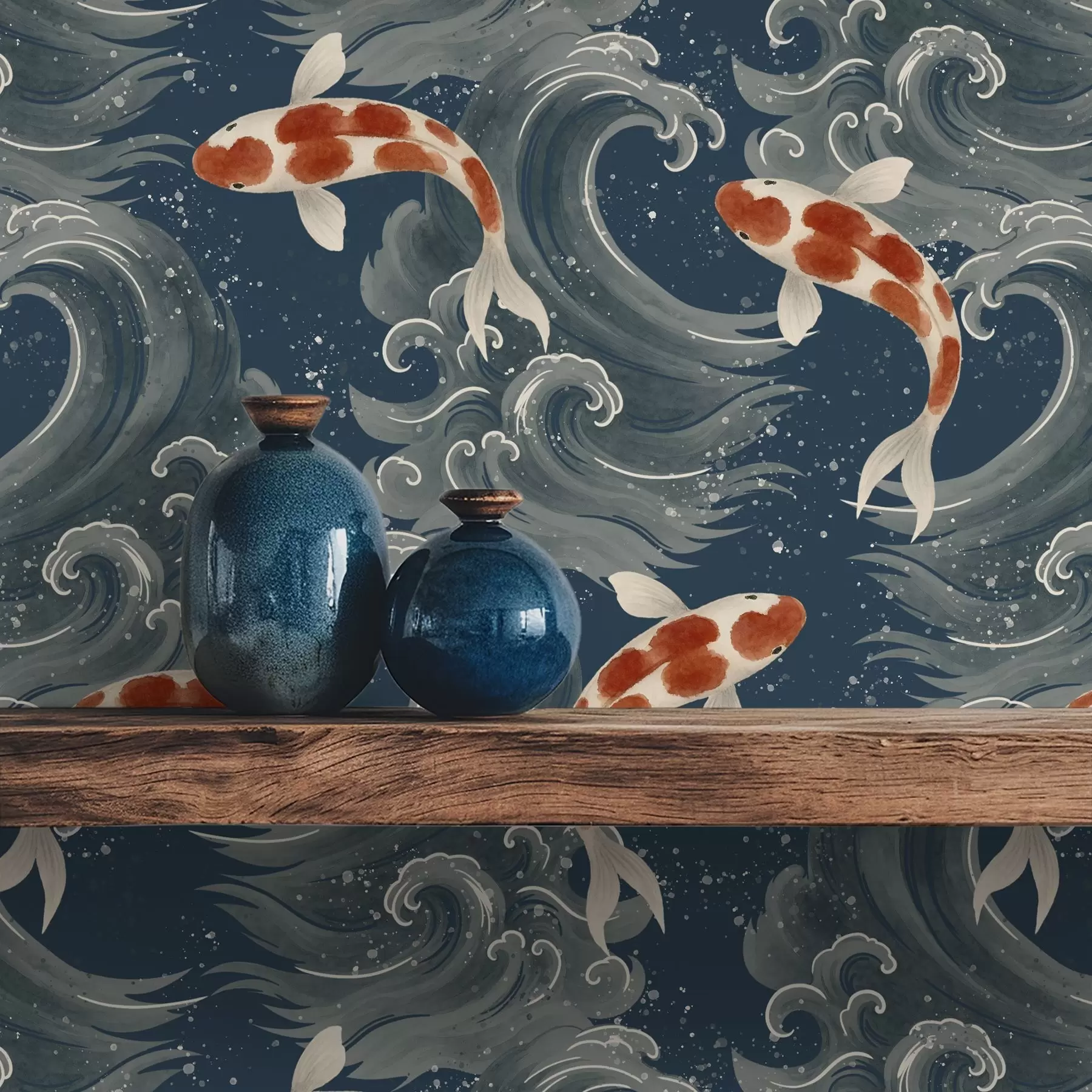 stenske poslikave Koi ribe plavajo med dramatičnimi oceanskimi valovi a01019