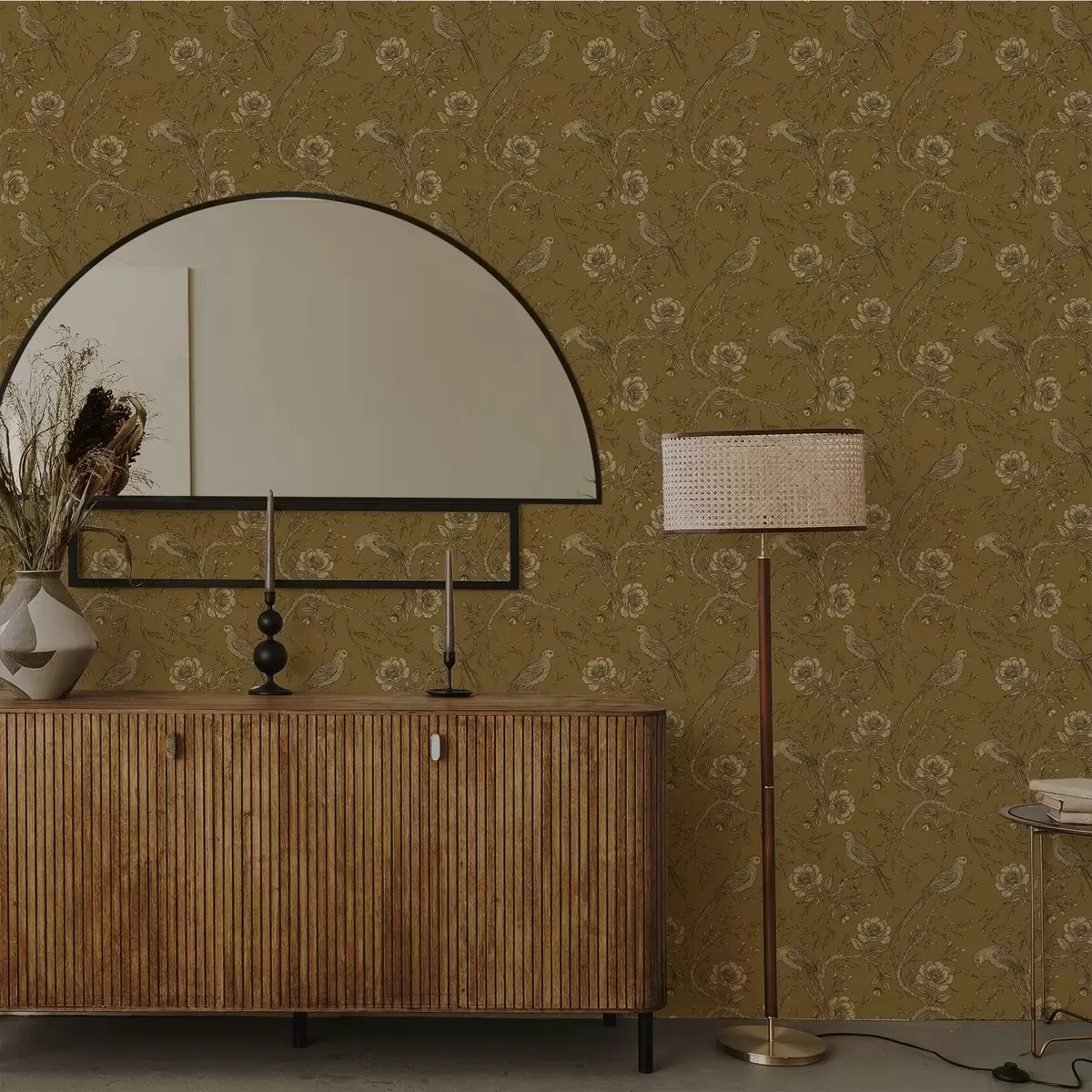 Ozadje Vintage ptice in cvetje na topli olivni podlagi a01022v1