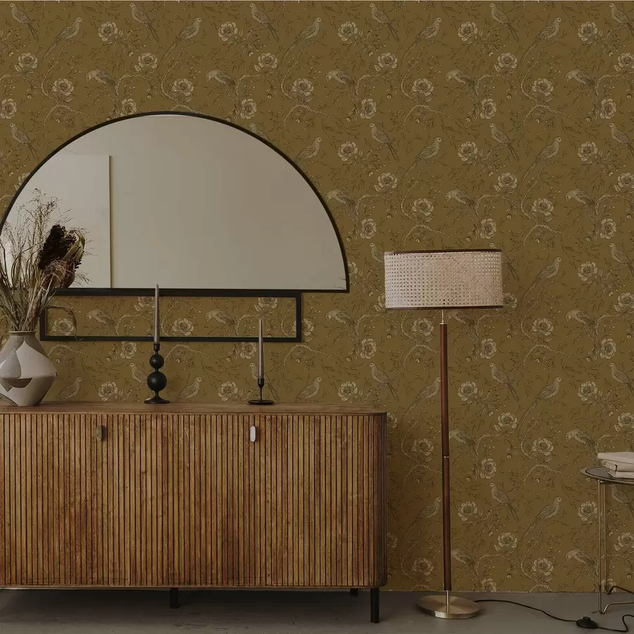 stenske poslikave Vintage ptice in cvetje na topli olivni podlagi a01022v1