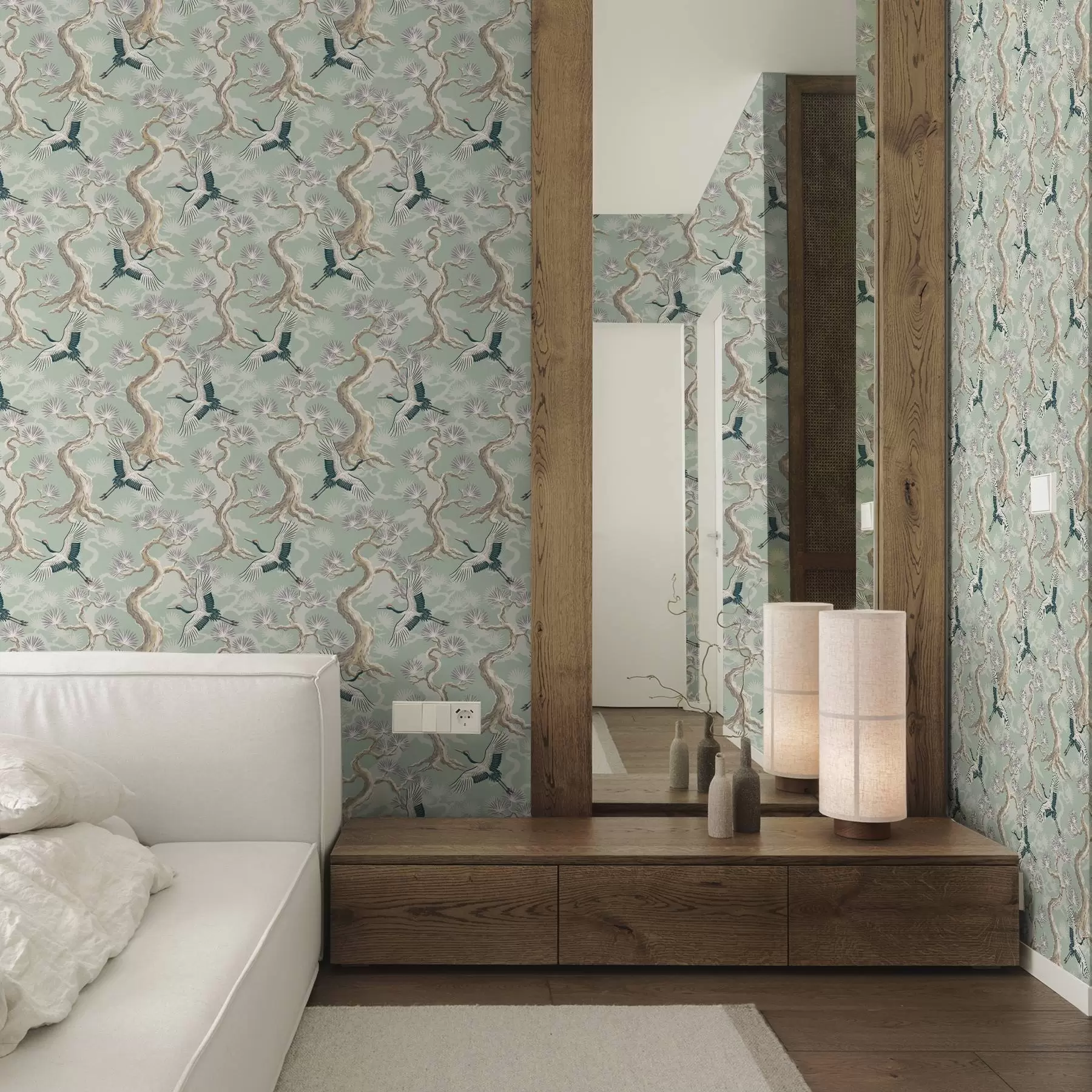 stenske poslikave Žerjavi med ukrivljenimi vejami na mehkem sivkastem ozadju a01023