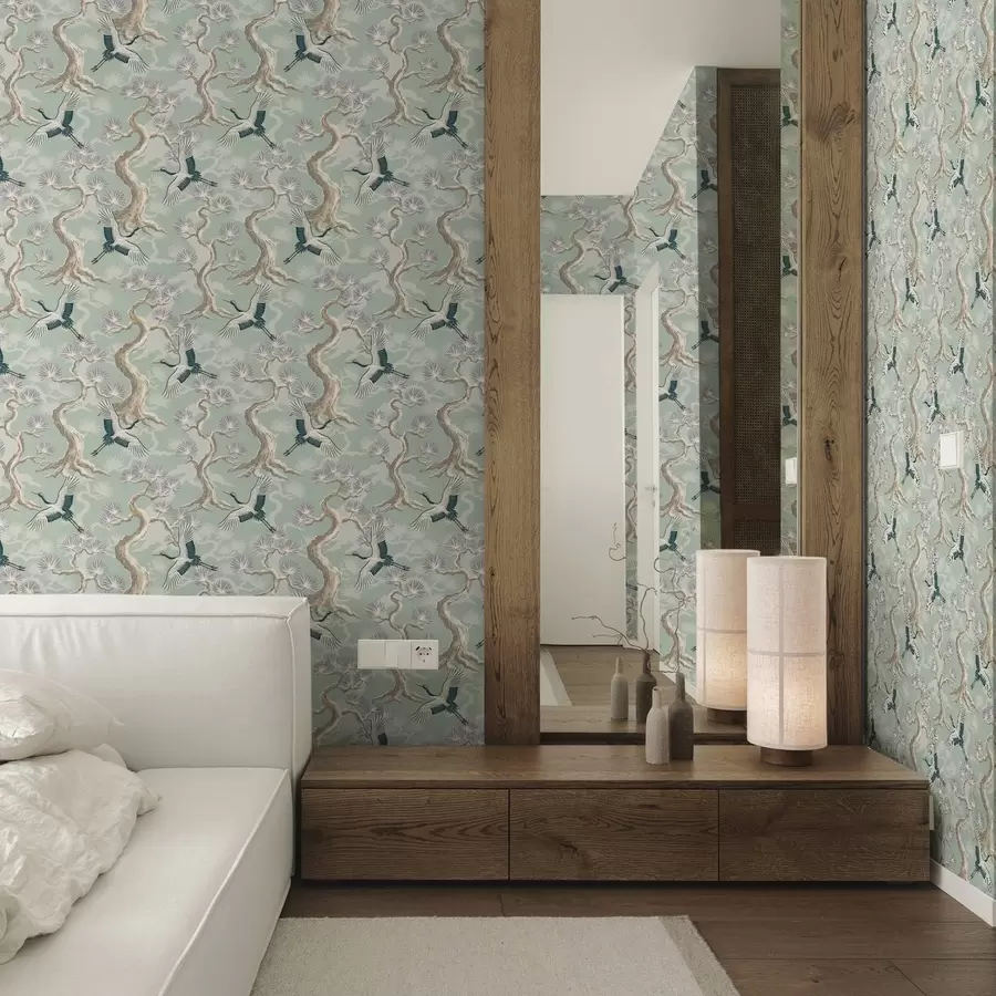 stenske poslikave Žerjavi med ukrivljenimi vejami na mehkem sivkastem ozadju a01023