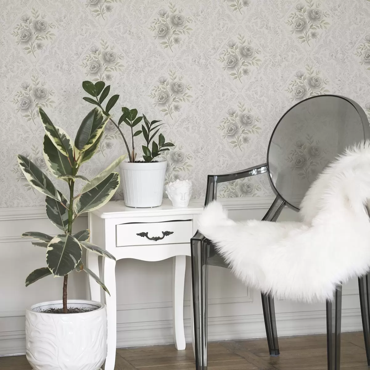 Ozadje Svetel damastni vzorec s sivimi vrtnicami v mehkih rombih a01024