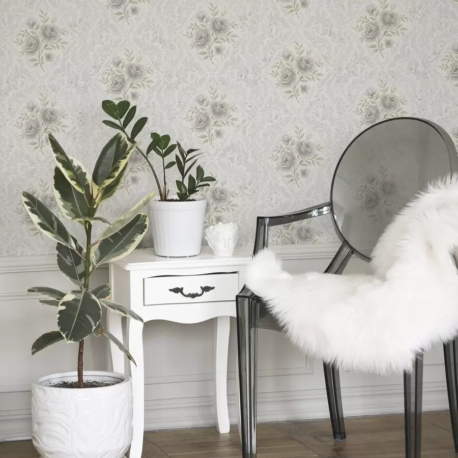 stenske poslikave Svetel damastni vzorec s sivimi vrtnicami v mehkih rombih a01024