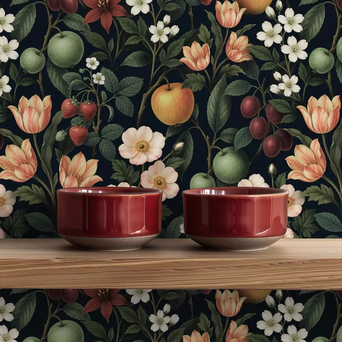 Ozadje Temni vrt s cvetjem, zrelimi jabolki in jagodami a01034