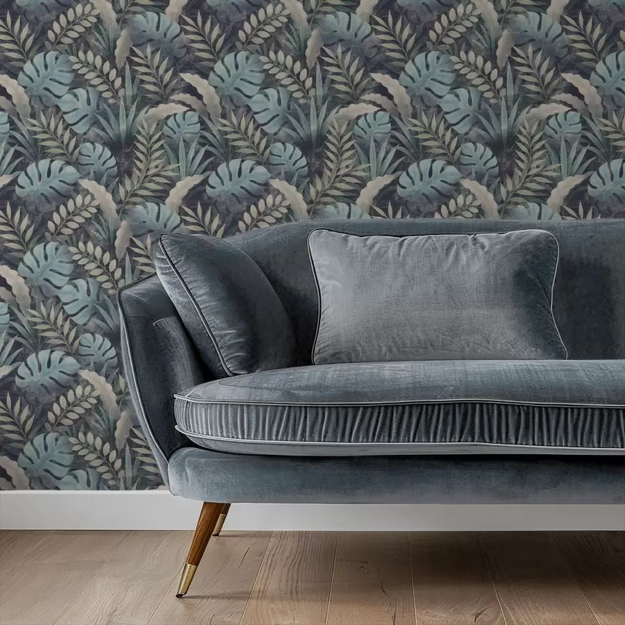 stenske poslikave Tropsko listje v hladnih modro-zelenih odtenkih a01035