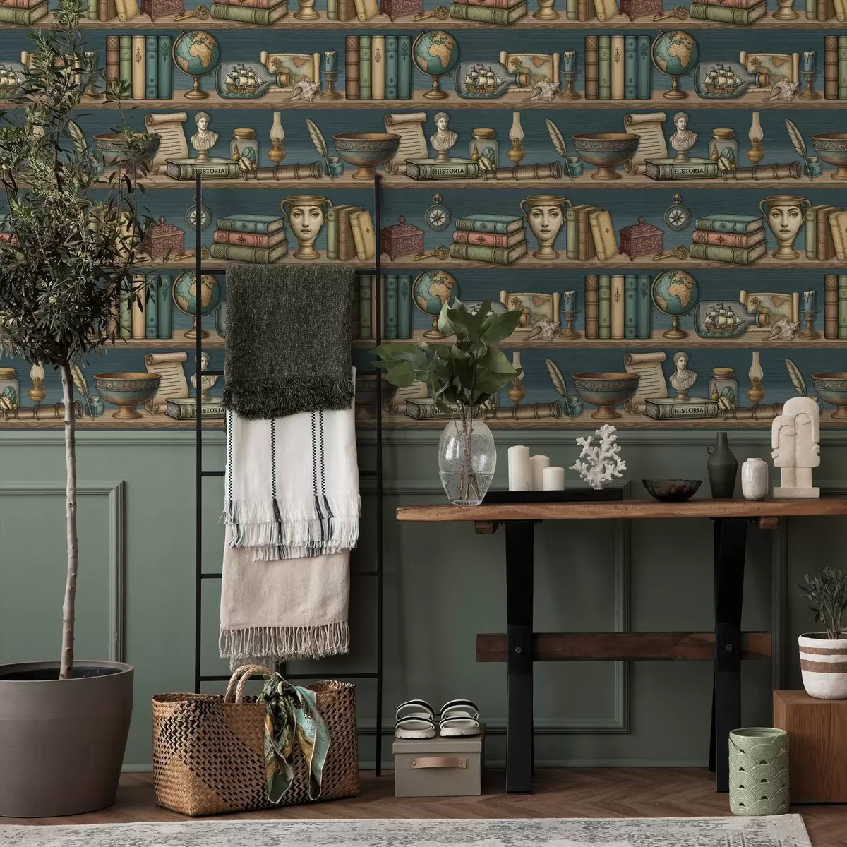 Ozadje Vintage police s knjigami, globusom in morskimi zanimivostmi a01036