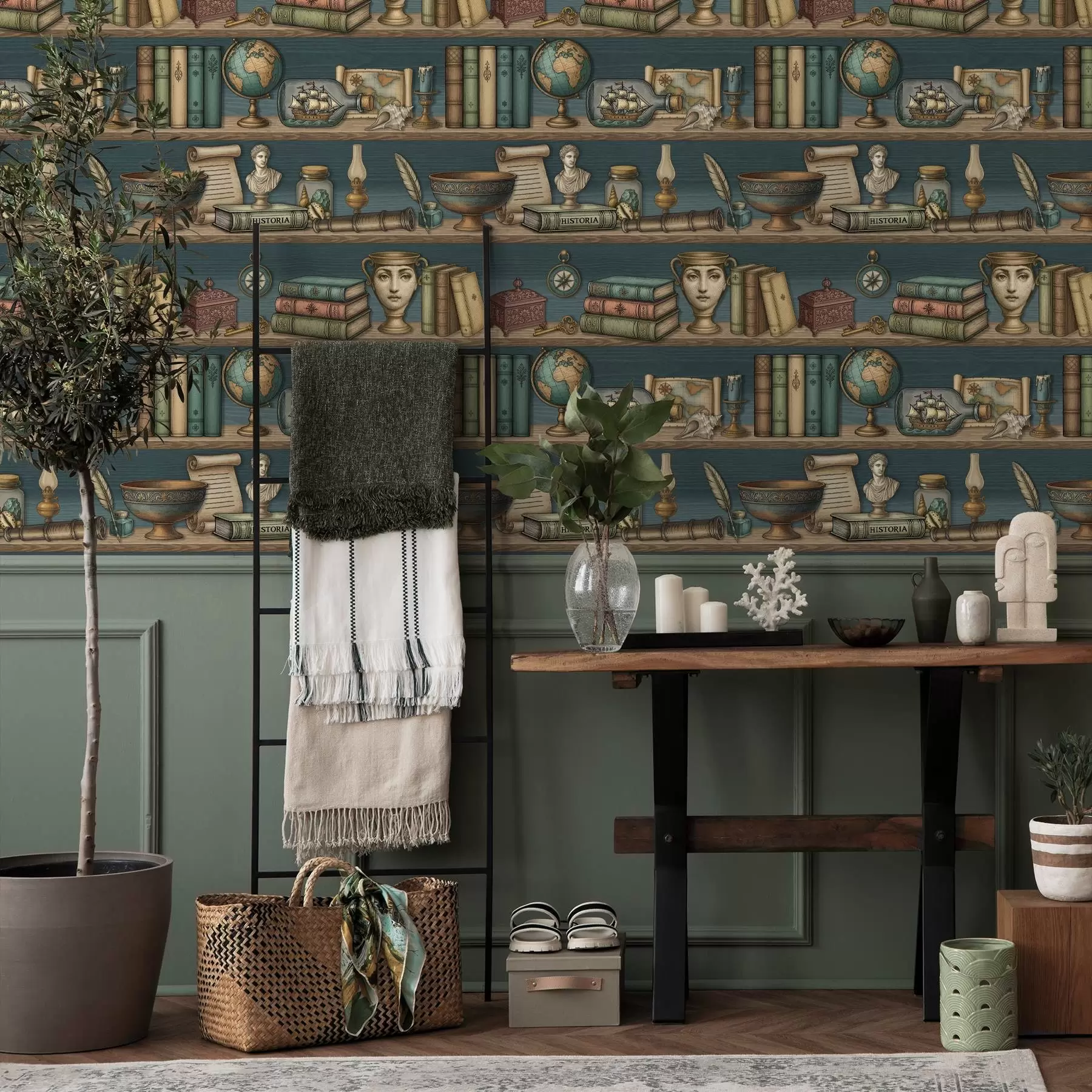 stenske poslikave Vintage police s knjigami, globusom in morskimi zanimivostmi a01036