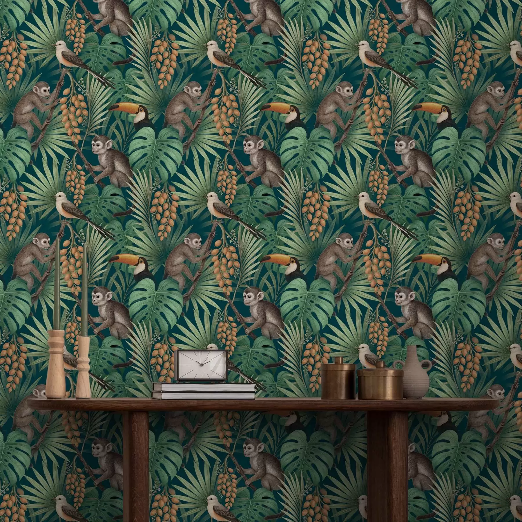 stenske poslikave Opice in tropske ptice v gostem listju džungle a01037