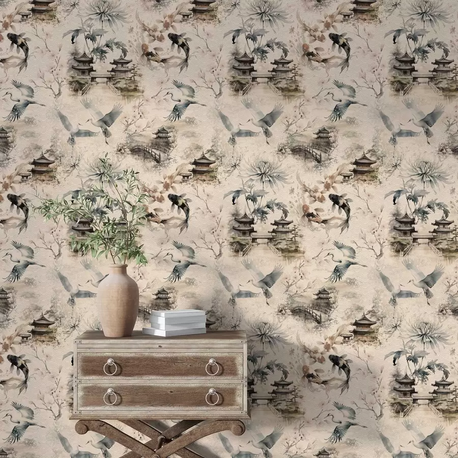 stenske poslikave Japonski templji, koi ribe in žerjavi na mehkem ozadju a01040