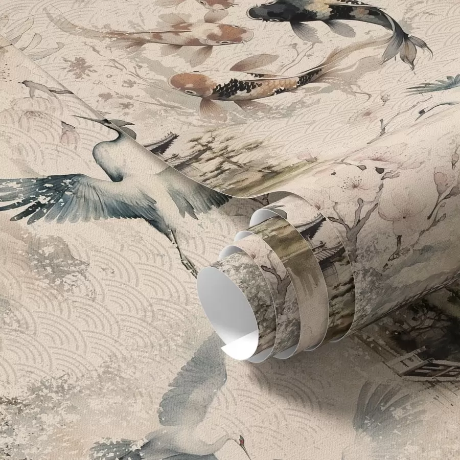 stenske poslikave Japonski templji, koi ribe in žerjavi na mehkem ozadju a01040