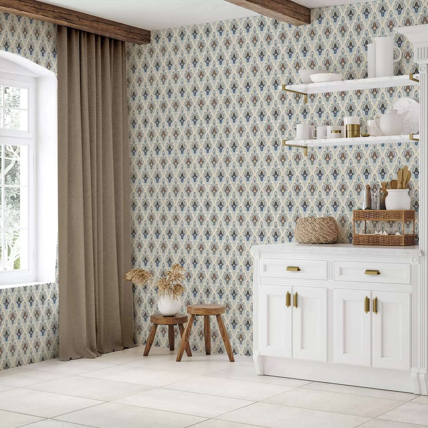 stenske poslikave Orientalski vzorec majhnih ploščic v modro-peščeni barvni paleti a01044