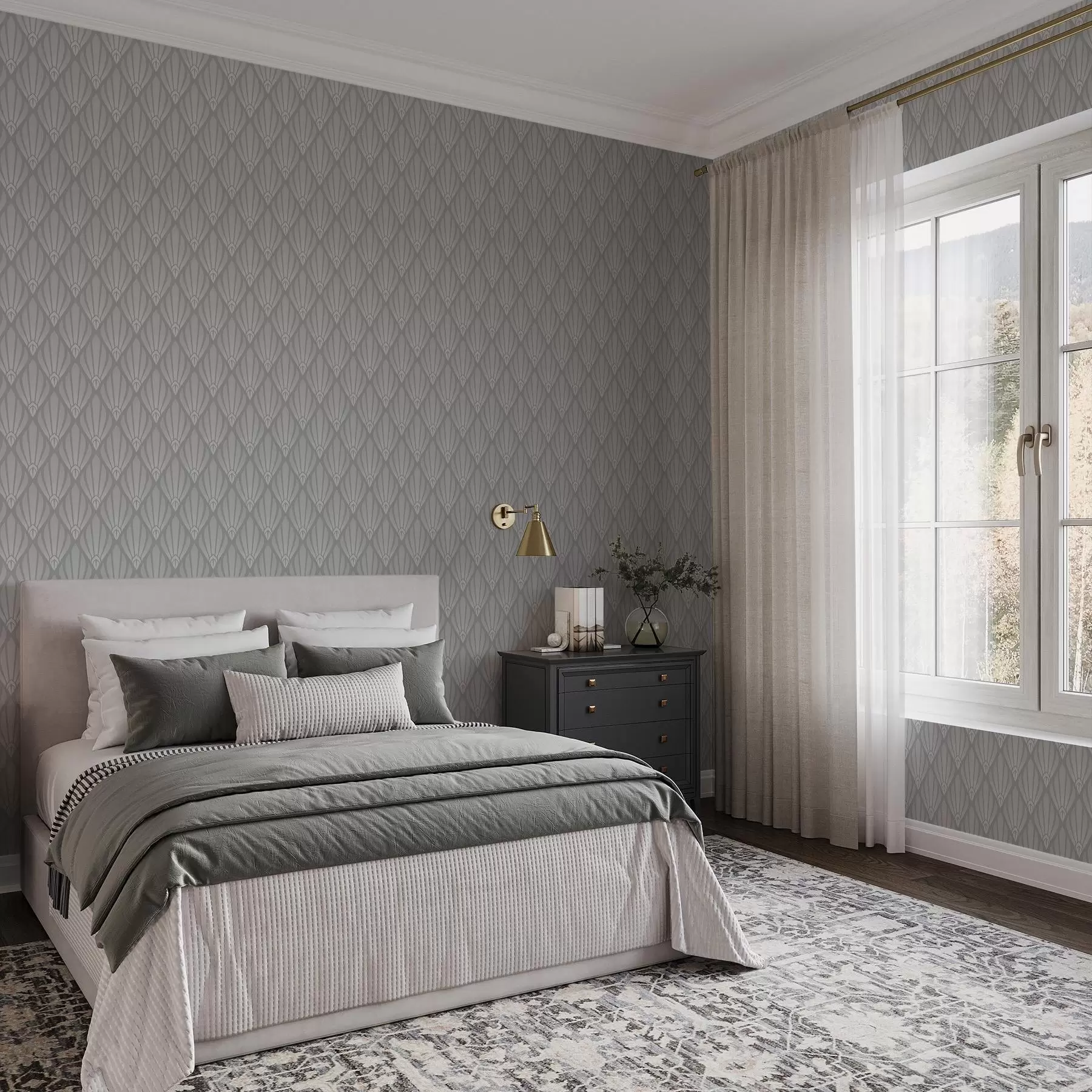 stenske poslikave Siva art deco z oblikami v obliki pahljače a01064