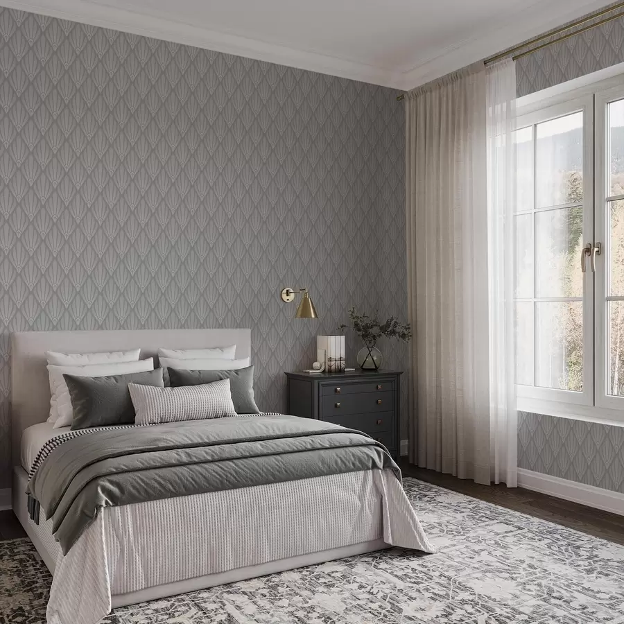 stenske poslikave Siva art deco z oblikami v obliki pahljače a01064