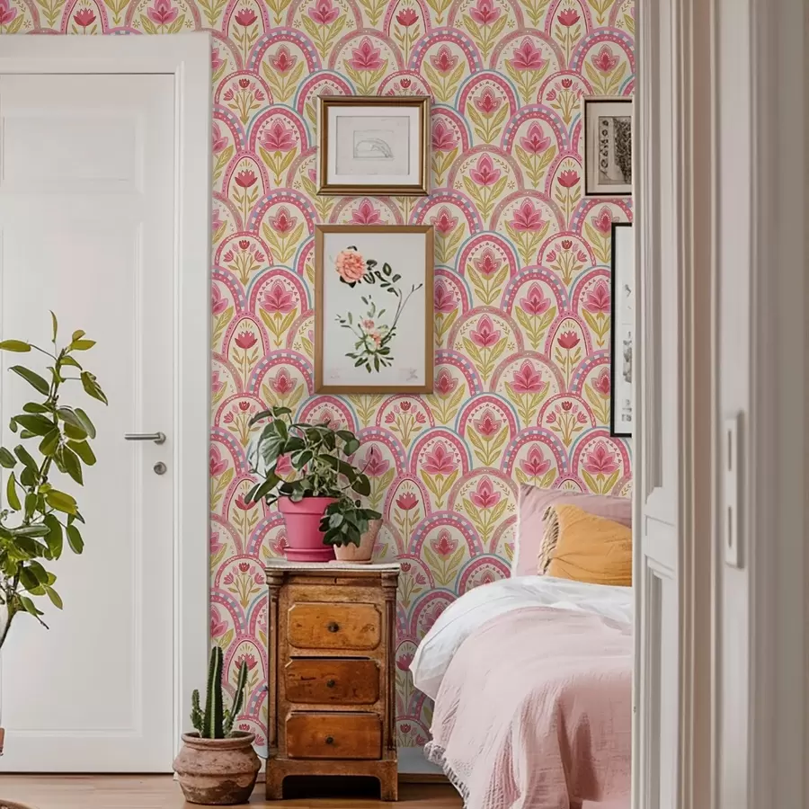 stenske poslikave Loki z rožnatimi cvetovi v ljudskem slogu a01080