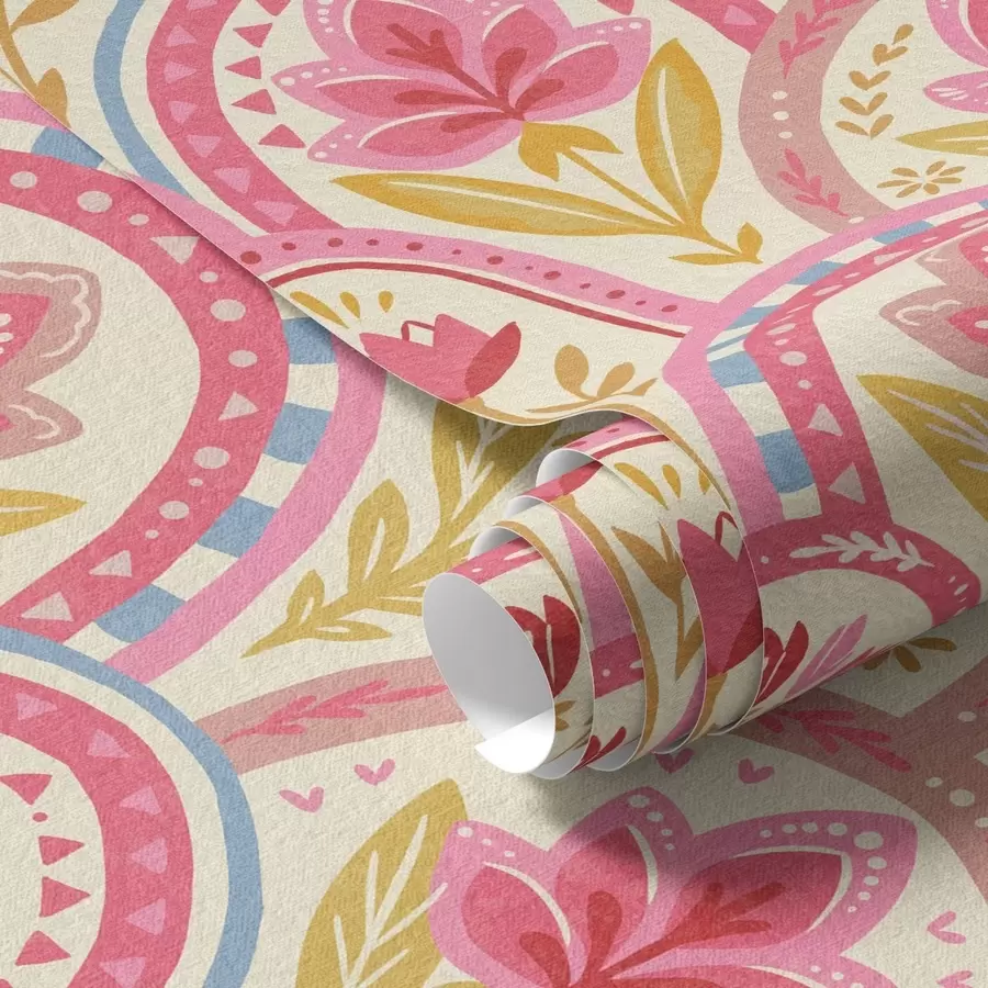 stenske poslikave Loki z rožnatimi cvetovi v ljudskem slogu a01080