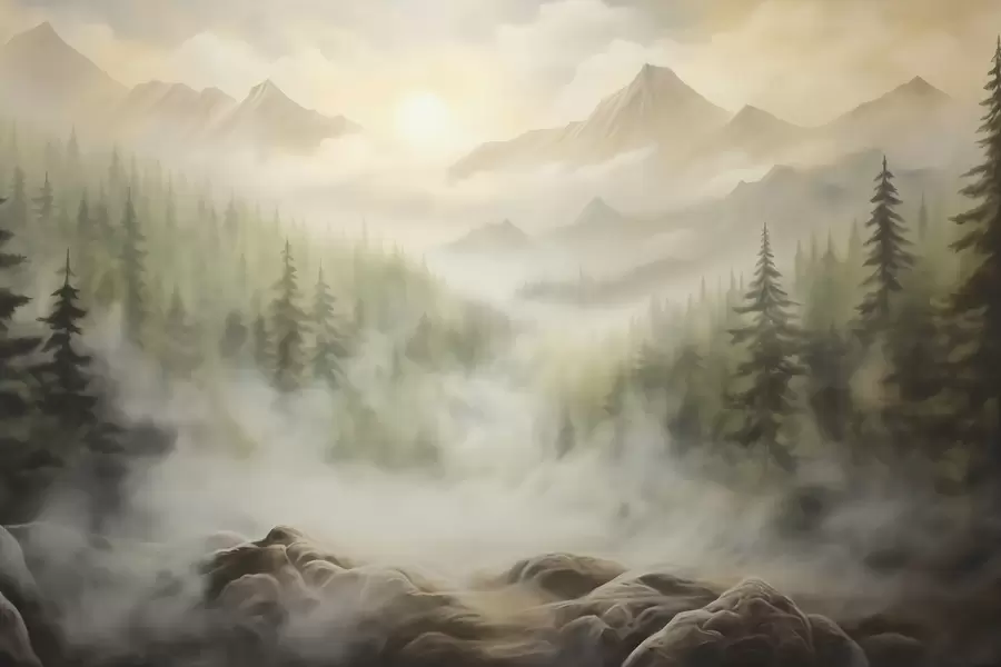 stenske poslikave Gozd v megli na ozadju gora w04730