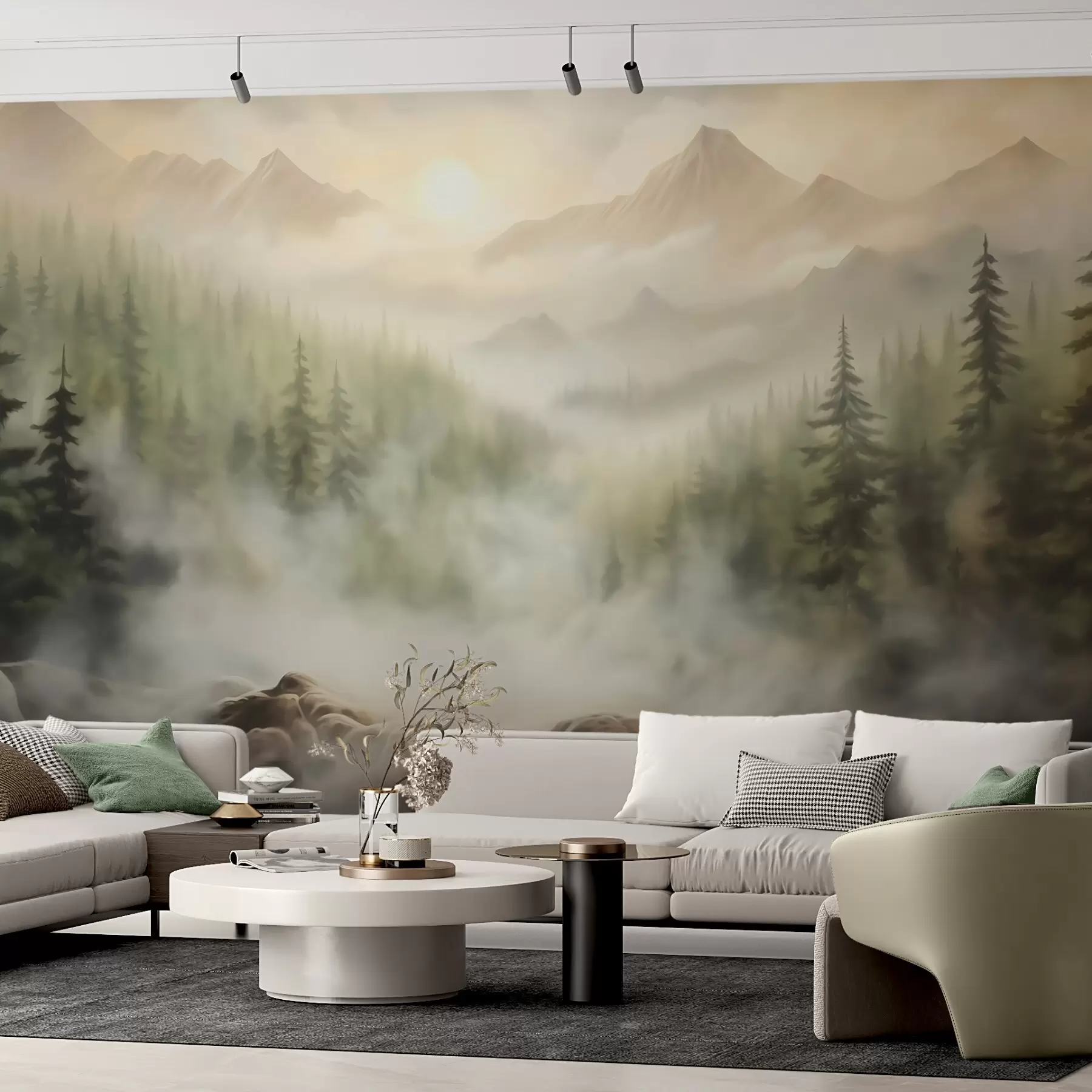 stenske poslikave Gozd v megli na ozadju gora w04730