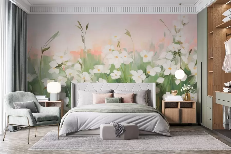 stenske poslikave Abstraktno polje divjih rož z zelenimi stebli in listi, na ozadju nežno rožnatega in belega teksturiranega neba. w09297