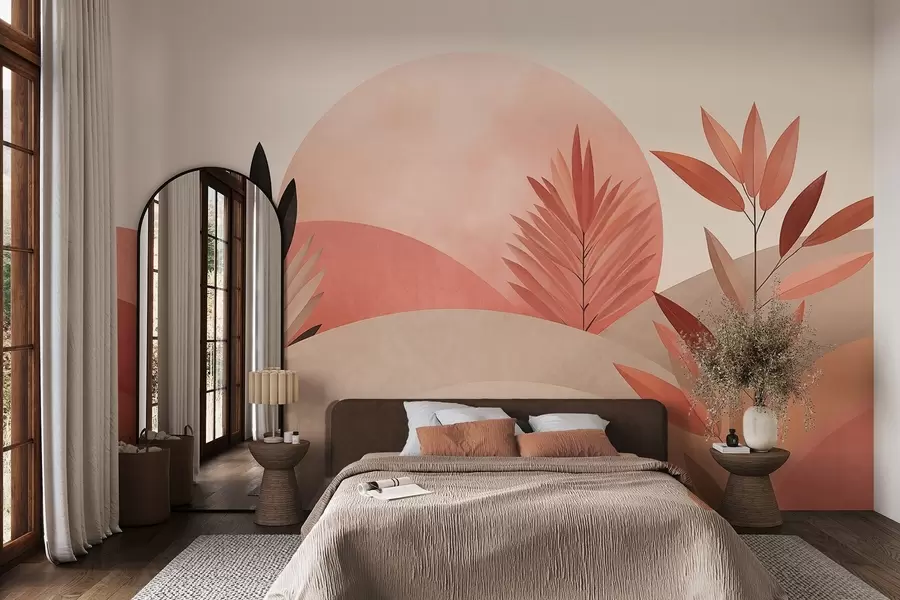 stenske poslikave Abstraktna boho pokrajina, sonce za valovitimi griči, rastline v ospredju, minimalistično, teksturirano, umirjene barve w09608