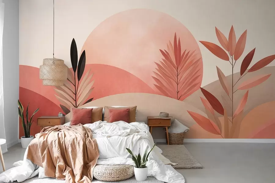 stenske poslikave Abstraktna boho pokrajina, sonce za valovitimi griči, rastline v ospredju, minimalistično, teksturirano, umirjene barve w09608