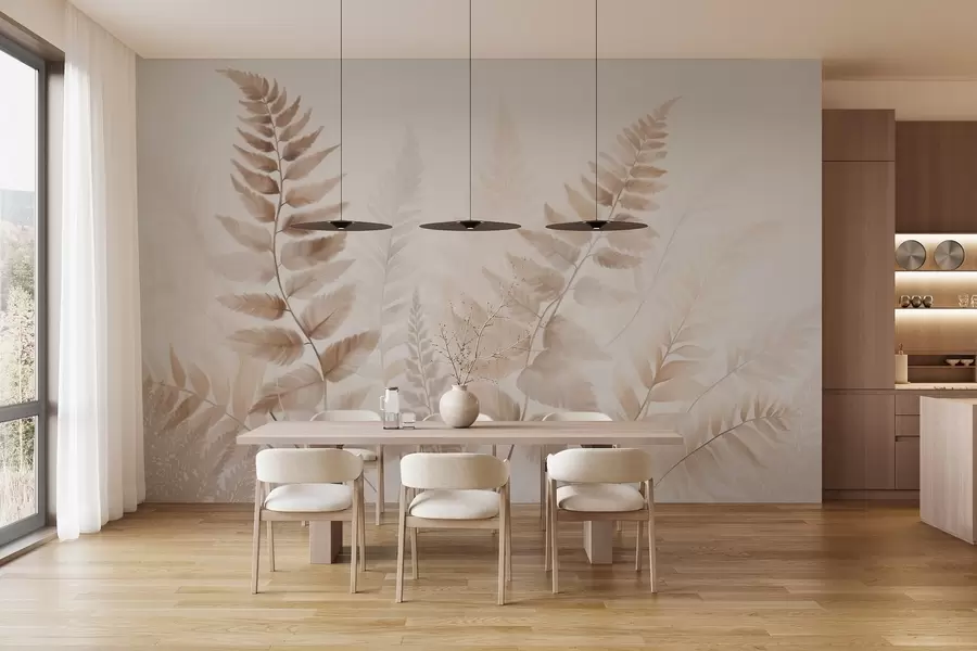 stenske poslikave Teksturirani posušeni listi praproti v različnih odtenkih rjave barve, z mehkim, svetlim ozadjem v akvarelnem slogu. w09615