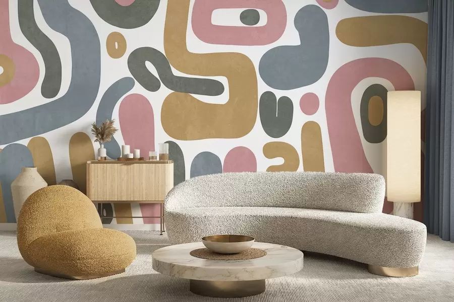 stenske poslikave Abstraktne teksturirane oblike v pastelno rožnati, pridušeni modri, gorčično rumeni in sivi barvi na belem ozadju sodobna umetnost w09620