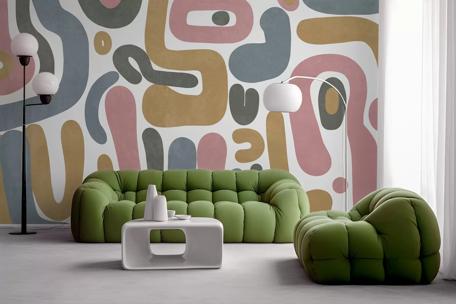 stenske poslikave Abstraktne teksturirane oblike v pastelno rožnati, pridušeni modri, gorčično rumeni in sivi barvi na belem ozadju sodobna umetnost w09620