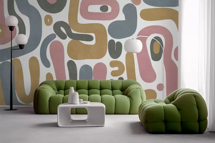 stenske poslikave Abstraktne teksturirane oblike v pastelno rožnati, pridušeni modri, gorčično rumeni in sivi barvi na belem ozadju sodobna umetnost w09620