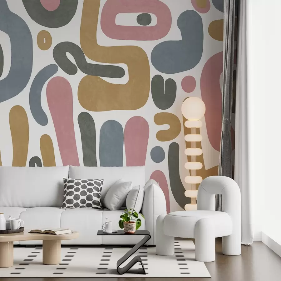 stenske poslikave Abstraktne teksturirane oblike v pastelno rožnati, pridušeni modri, gorčično rumeni in sivi barvi na belem ozadju sodobna umetnost w09620