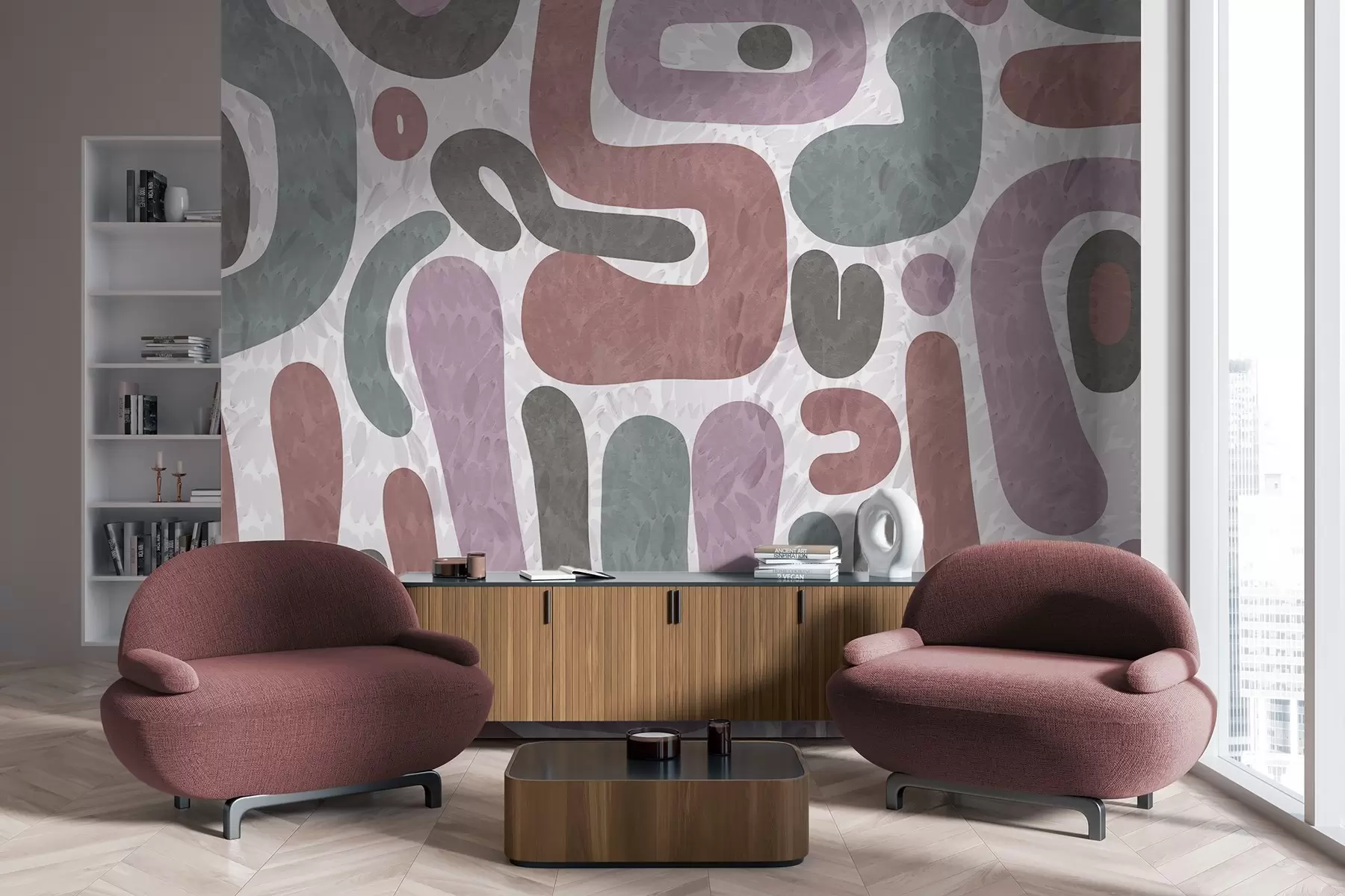 stenske poslikave Abstraktne teksturirane oblike v nežnih rožnatih, zelenih in sivih odtenkih na teksturiranem ozadju sodobne umetnosti w09622