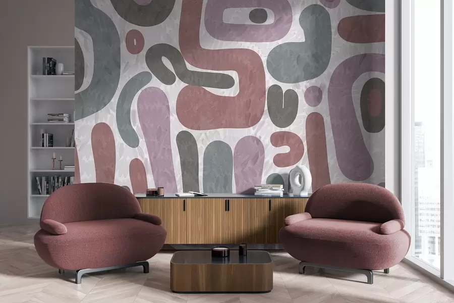 stenske poslikave Abstraktne teksturirane oblike v nežnih rožnatih, zelenih in sivih odtenkih na teksturiranem ozadju sodobne umetnosti w09622