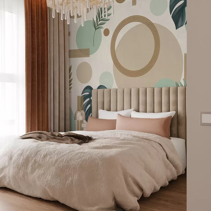 stenske poslikave Geometrični vzorec z listi v zeleni barvni paleti w05018v1