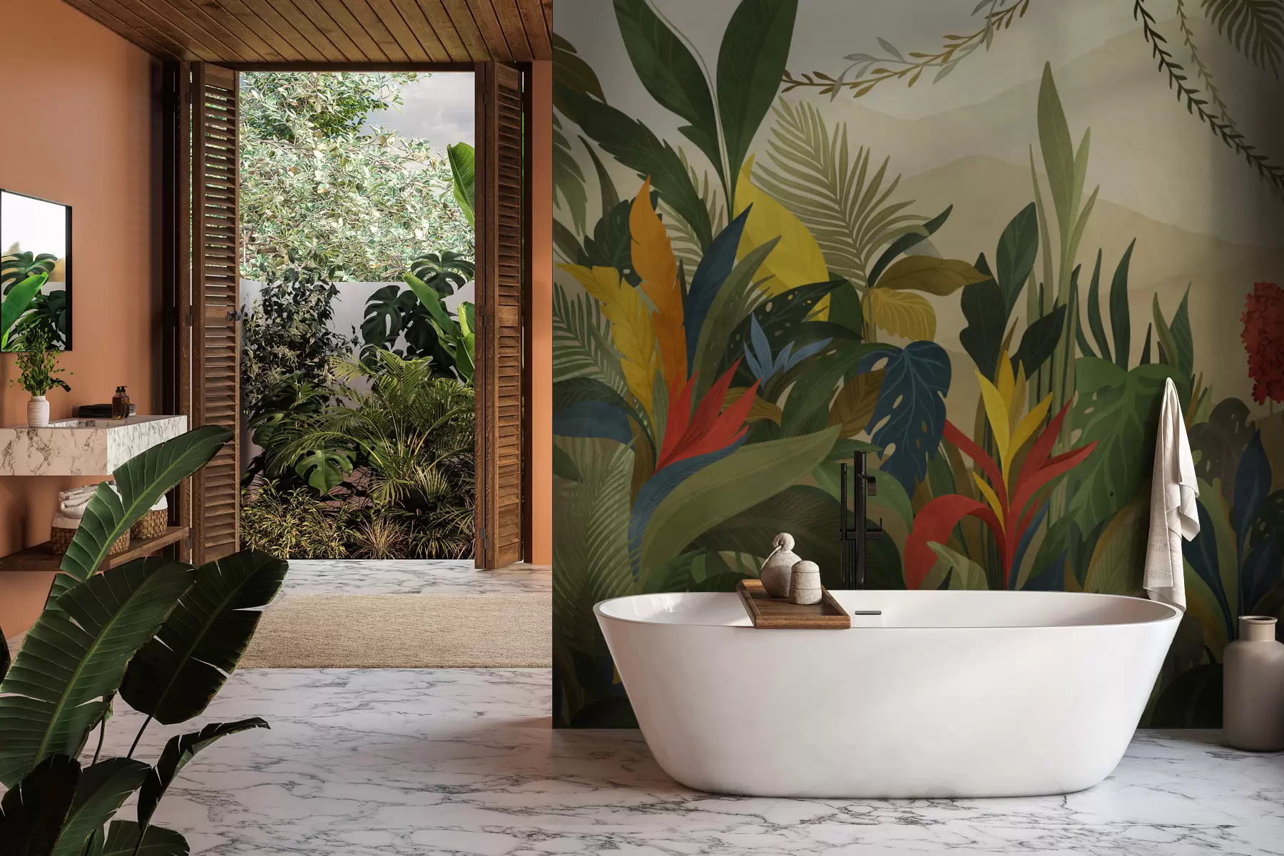 stenske poslikave Tropsko listje z velikimi listi in cvetovi w05019