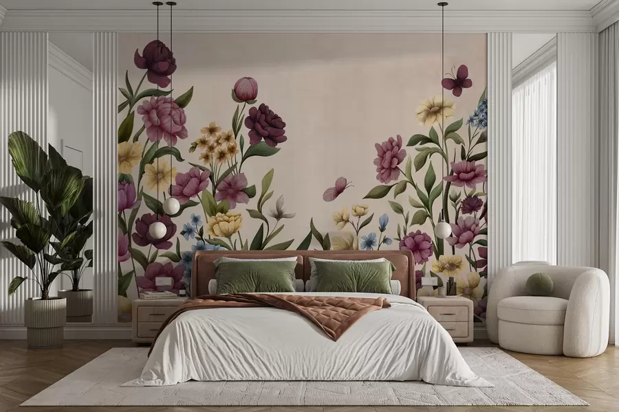 stenske poslikave Cvetlična kompozicija z rastlinami in metulji na svetlem ozadju w05072