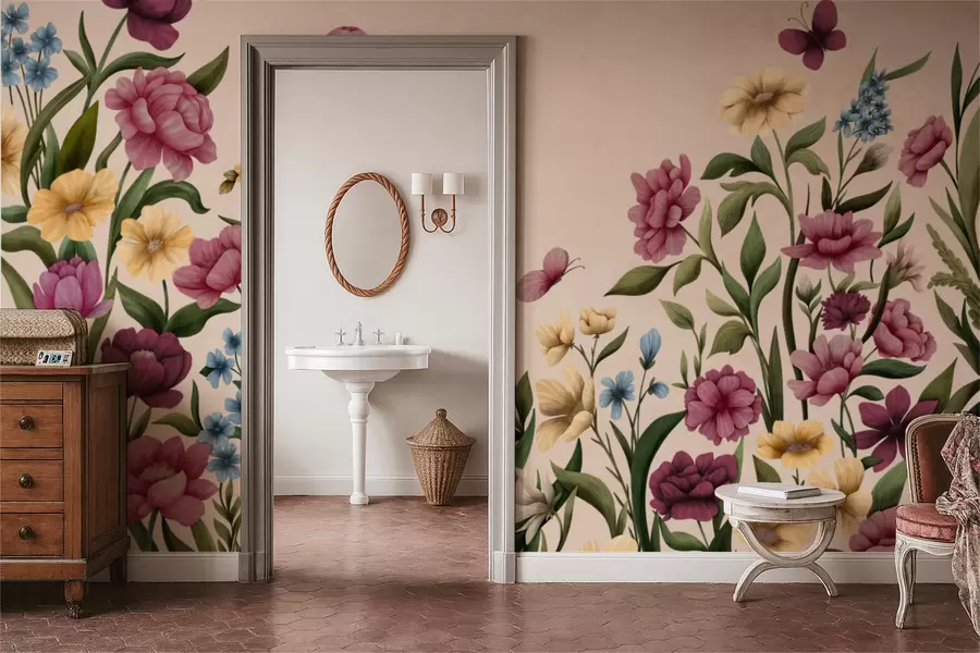 stenske poslikave Cvetlična kompozicija z rastlinami in metulji na svetlem ozadju w05072