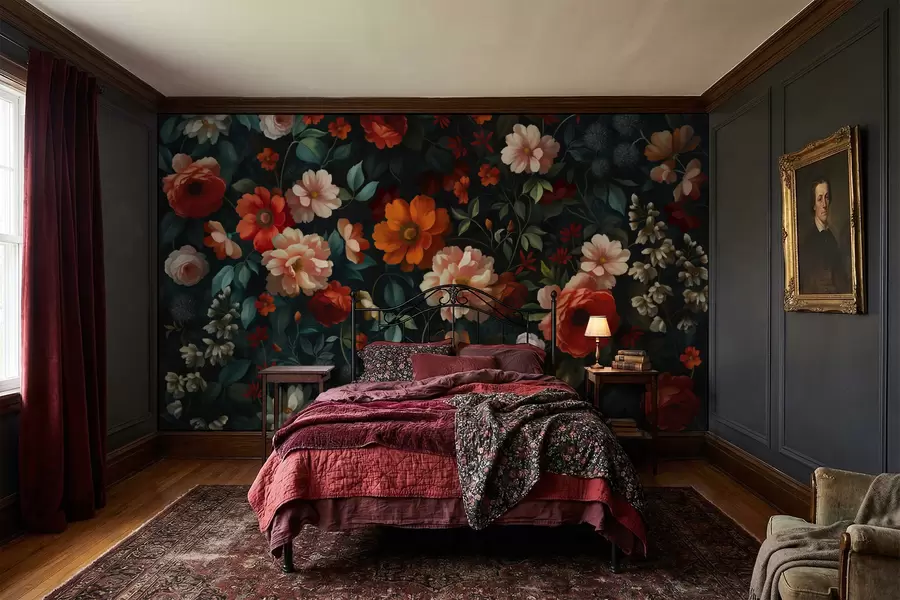 stenske poslikave Temni cvetlični vzorec z bujnimi vrtnimi cvetovi w05087