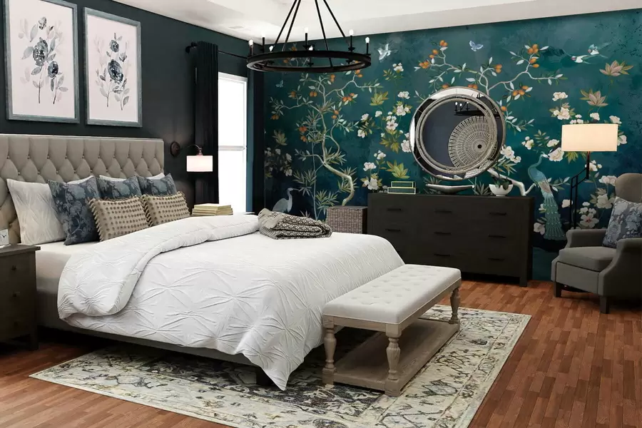 stenske poslikave Dekorativna scena z drevesi, cvetjem in pticami na temnem ozadju w05004