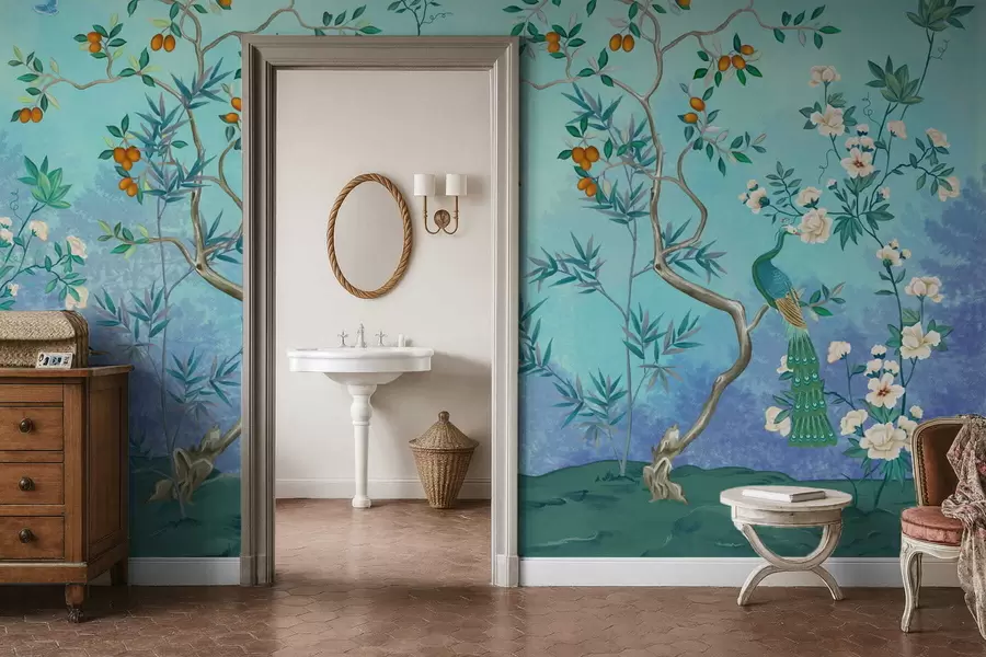 stenske poslikave Prizor z drevesi, cvetjem in pticami, modro ozadje w05004v2