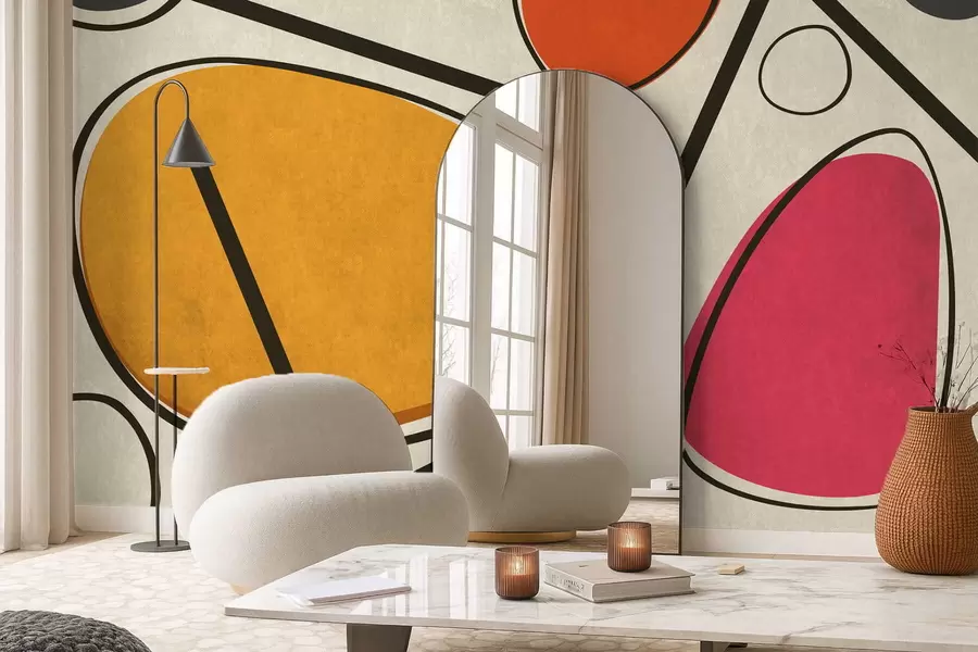 stenske poslikave Abstraktne oblike in črte z drznimi barvnimi polji w05017