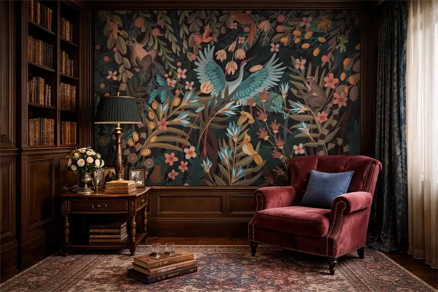 stenske poslikave Fantazijska scena s pticami in živalmi med rastlinami w05024