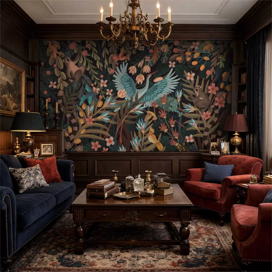 stenske poslikave Fantazijska scena s pticami in živalmi med rastlinami w05024