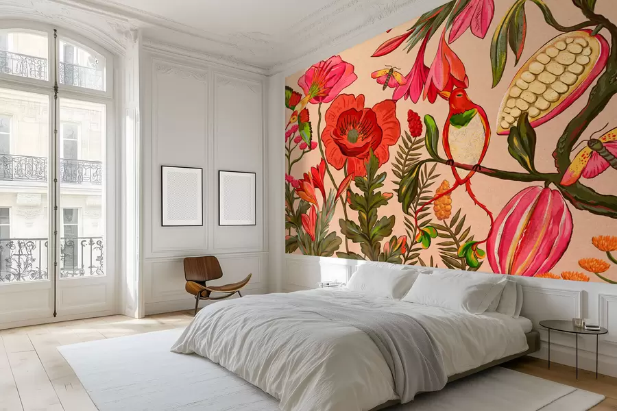 stenske poslikave Dekorativne rože in ptice na bežnem ozadju w05036