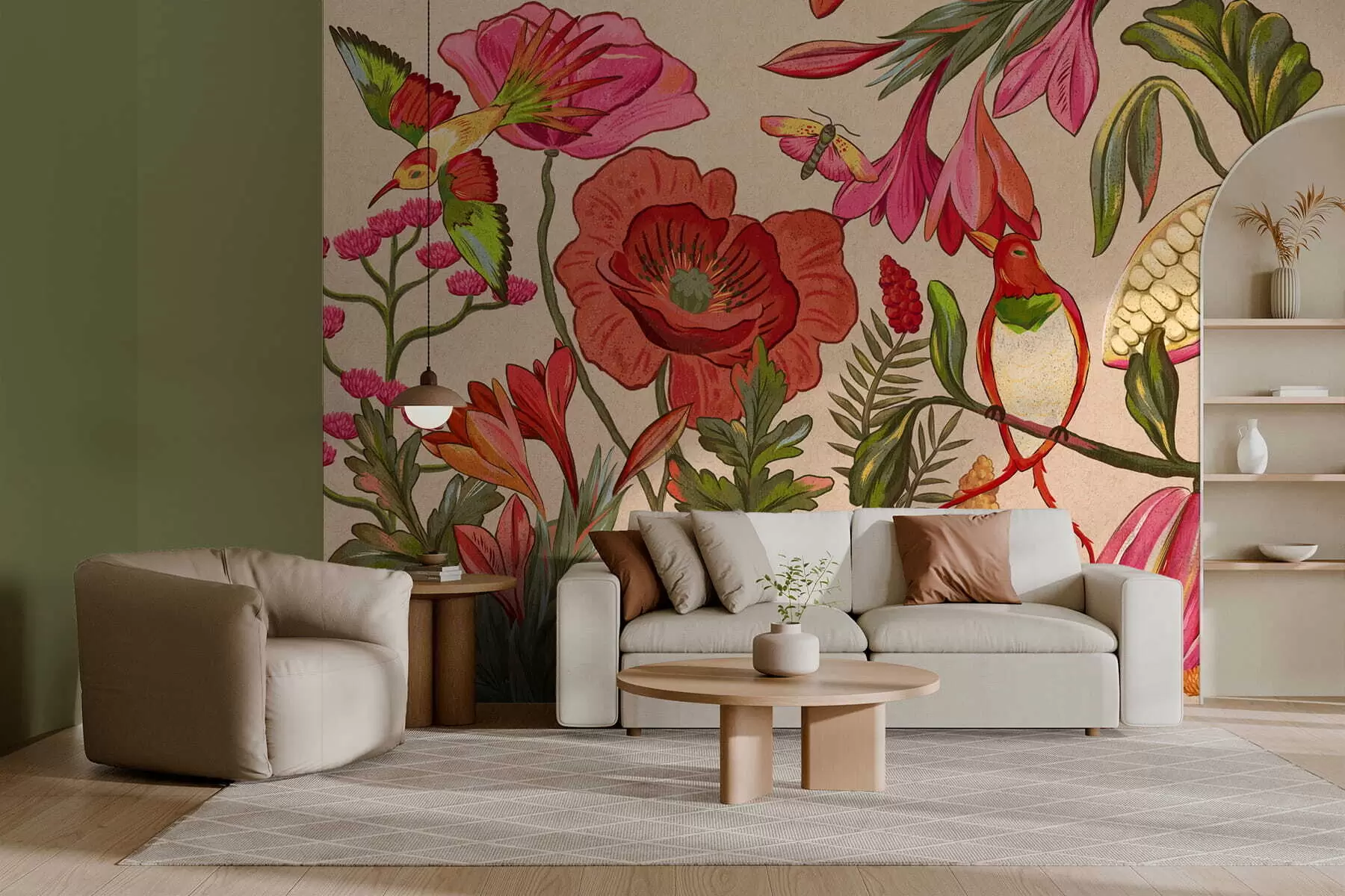 stenske poslikave Dekorativne rože in ptice na bežnem ozadju w05036