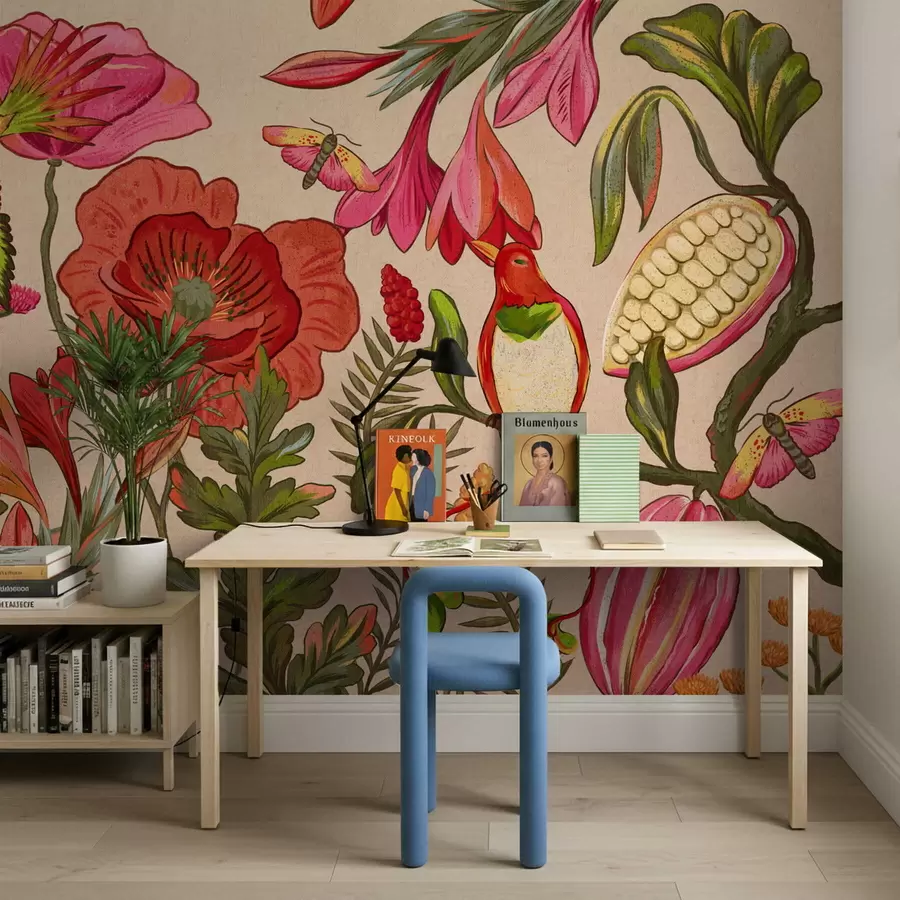 stenske poslikave Okrasni cvetovi in ptice na modrem ozadju w05036