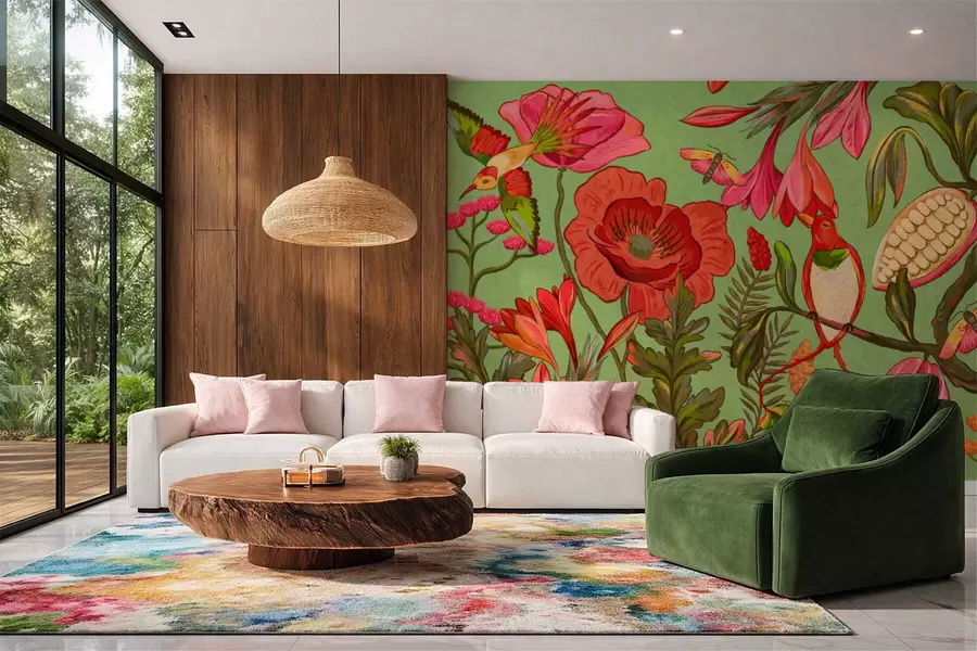 stenske poslikave Dekorativne rože in ptice na zelenem ozadju w05036v1