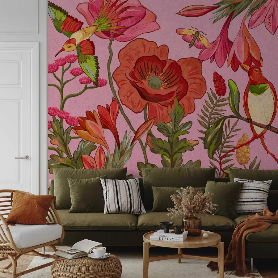 stenske poslikave Dekorativne rože in ptice na rožnatem ozadju w05036v2