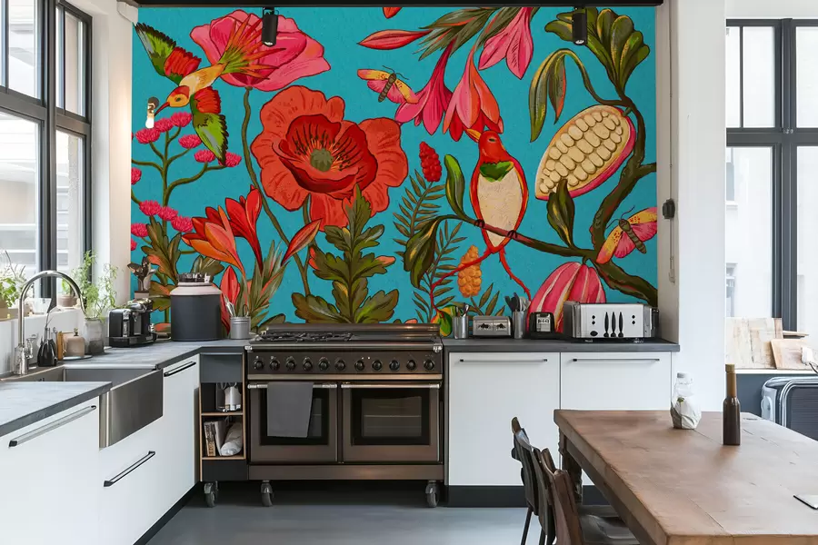 stenske poslikave Okrasni cvetovi in ptice na modrem ozadju w05036v3