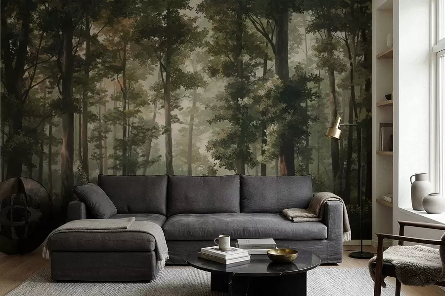 stenske poslikave Ilustracija gozda z meglo, visokimi drevesi in potjo w05089