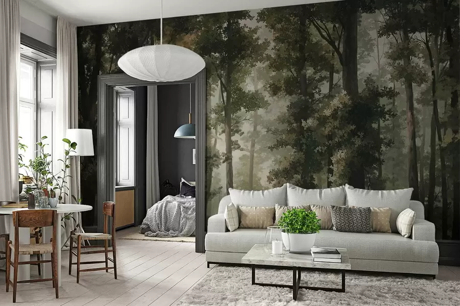 stenske poslikave Ilustracija gozda z meglo, visokimi drevesi in potjo w05089