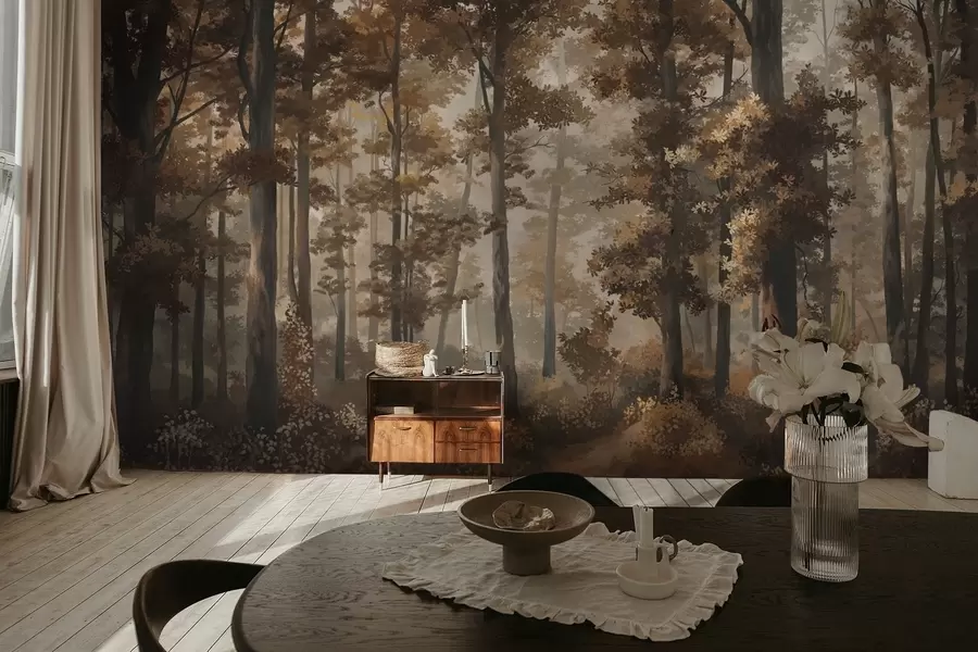 stenske poslikave Jesenska gozdna pokrajina s toplo svetlobo in gostimi drevesi w05089v1